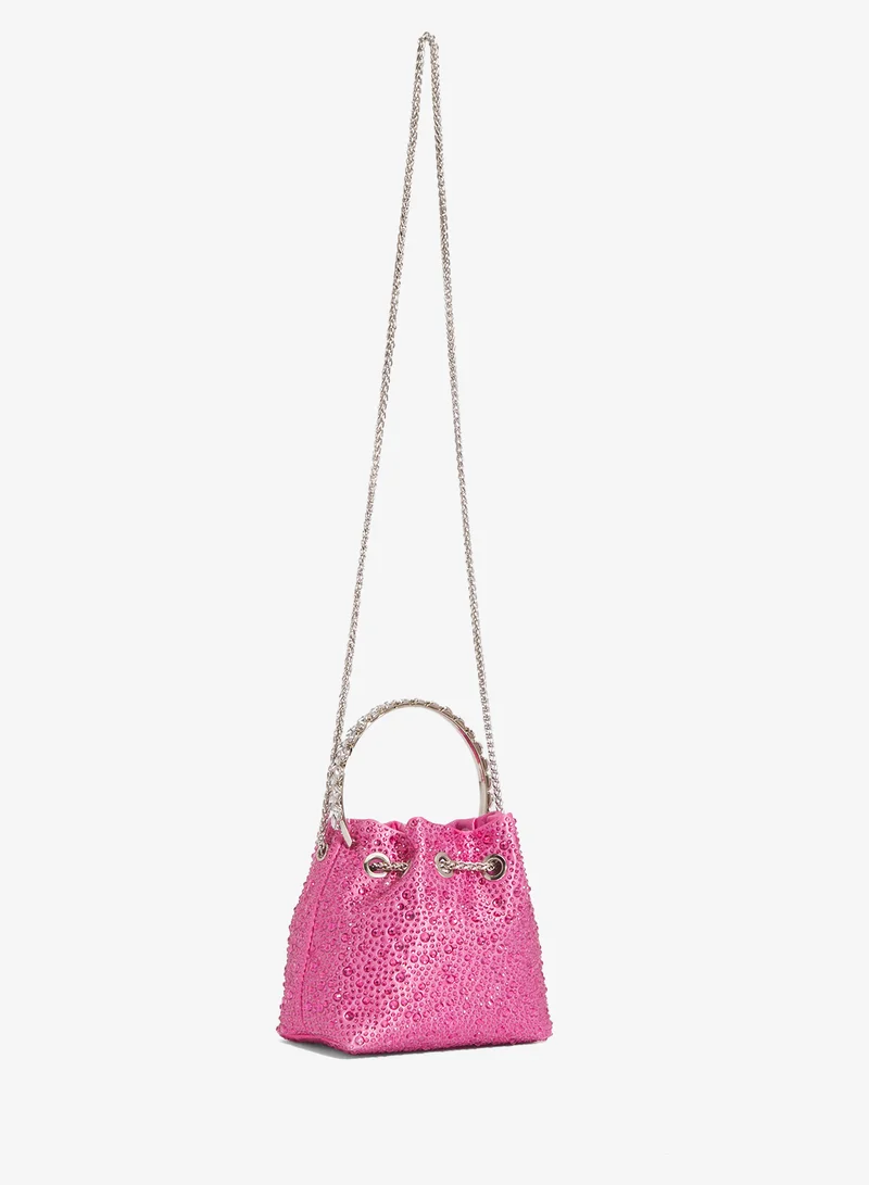 Khizana Rhinestone Detailed Embellished Metallic Ring Handle Statement Bag